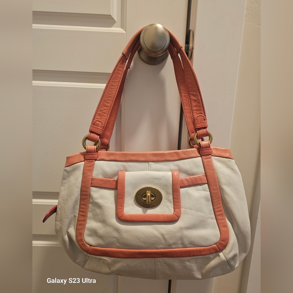 Coach White/Coral Leather Cricket Satchel Bag y2k